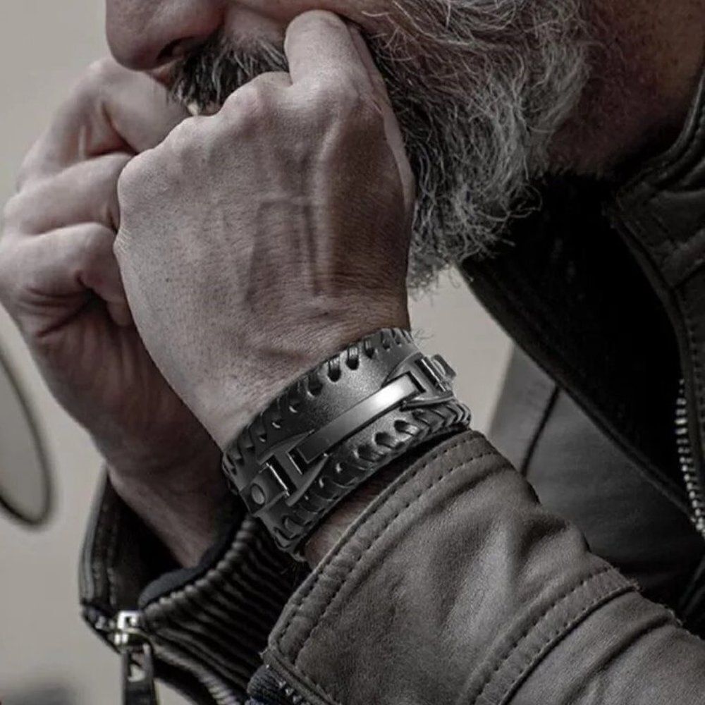 Black Leather Bikers Bracelet